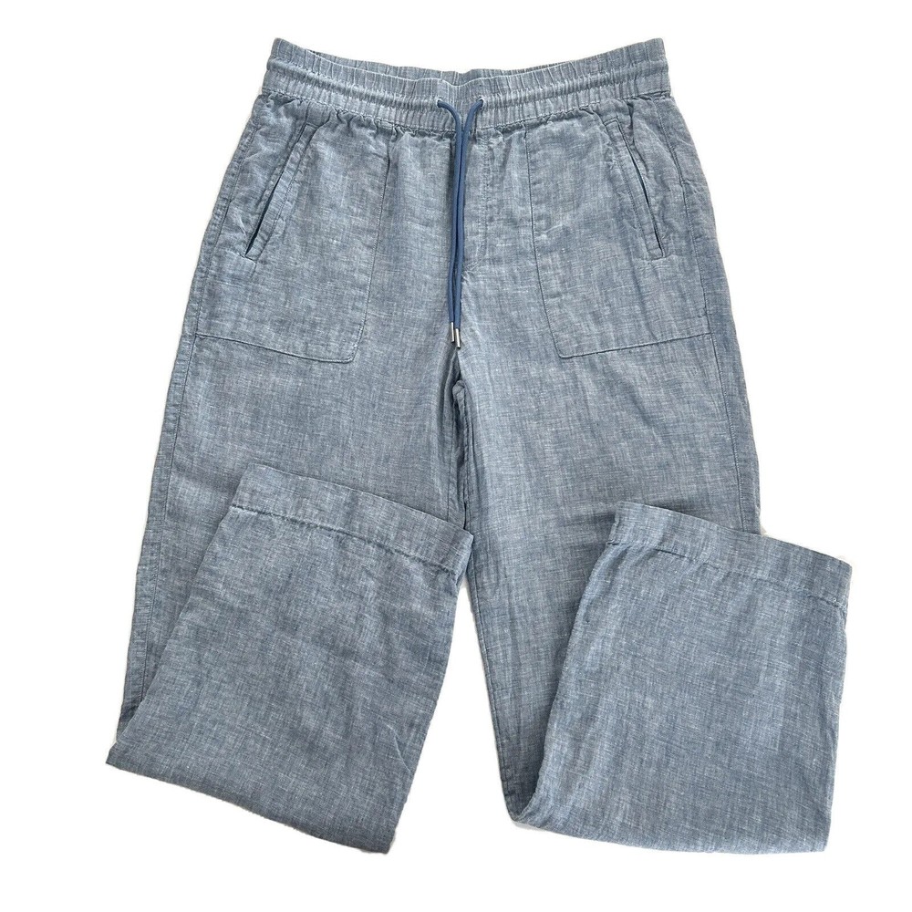 Athleta Size 10 Cabo 100% Linen Wide Leg Pant Blue Chambray Zip Pockets